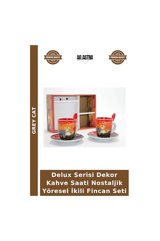 Delux Serisi Dekor Kahve Saati Nostaljik Yöresel İkili Fincan Seti Çok Renkli