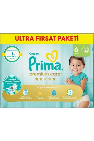 Prima Premium Care Bebek Bezi Beden:6 13+ Extra Large 62 Adet 6 Numara