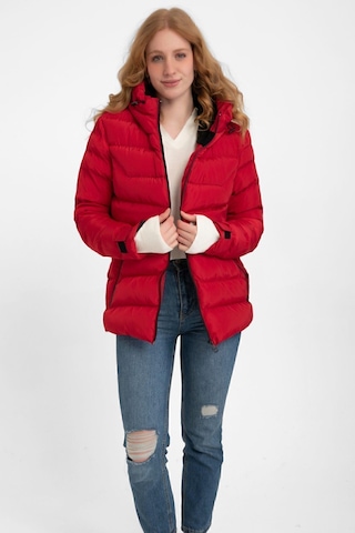 Kadın Kapüşonlu Polarlı Kürklü Su Geçirmez Rüzgara Dayanıklı Şişme Mont Kaban Parka Kırmızı
