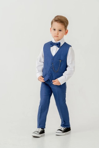 Erkek Çocuk Yelekli Slim Fit Takım Elbise 4 Parça Yelek, Pantolon, Gömlek, Papyon Te.7026 Saks Mavi