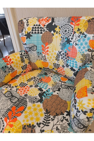 Roma Modern Tekli Koltuk Berjer - Dijital Baskılı Kumaş - Ahşap Ayak - Baykuş Desen Baykuş