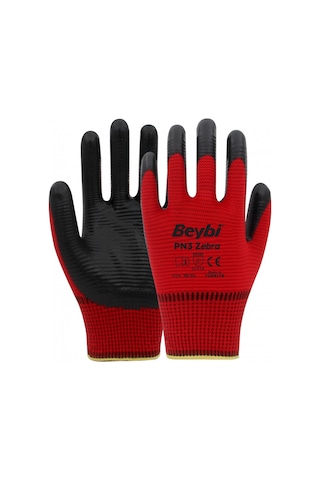 Beybi PN3 Zebra Polyester Örme Nitril İş Eldiveni 12 Çift – Kırmızı - Siyah