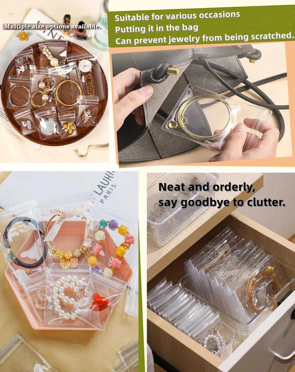 Konesam 100 Adet 48 Fil Pvc Şeffaf Cüzdanlar - Zıplayıcı Kordonlu, Pas Koruyucu Mücevher Saklama Çantaları Şeffaf