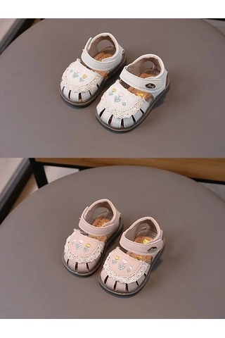 Maoyaya Pu Deri Yumuşak Taban Lale İşlemeli Bebek Yürüme Sandaleti - Bej Renk, 16-20 Beden Bej Bej