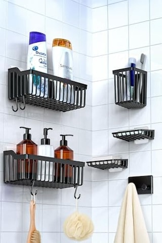 Banyor 6'lı Banyo Seti Yapışkanlı Banyo Düzenleyici Şampuanlık Diş Fırçalık Sabunluk Askılık Takımı Siyah Açık Ahşap
