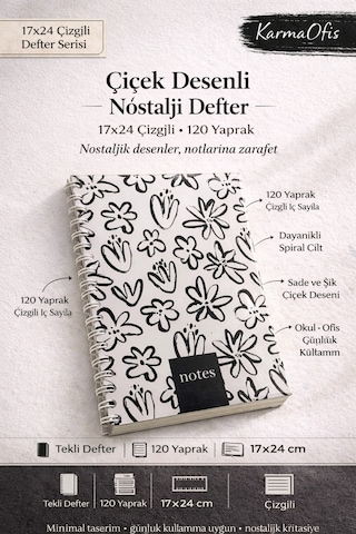 4'lü Spiral Çizgili Defter Seti 17x24 Cm 120 Yp Nostalji Desenli Okul Ofis Defteri