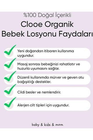 Clooe Organik Bebek Losyonu 250 ML Argan Yağı - Zeytinyağı - Huş - Gül Suyu - Yenidoğan Kullanımına Uygun