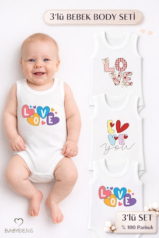 Babyden's 3 Lü Bebek Body Seti %100 Pamuk Love Baskılı Atlet Body Unisex Beyaz