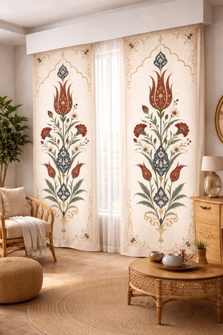 140x260 Ölçüsünde 2 Adet Bohem Fon Perde. Boho Tarz Koleksiyon Ürünü. Çok Renkli Bej