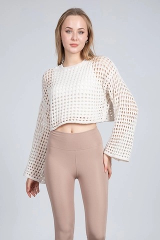 Maximodena Ekru Ajurlu Crop Bluz - Ekru