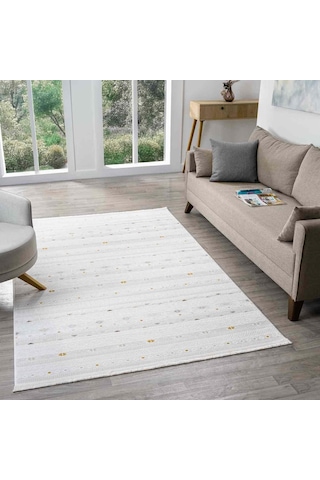 Beyaz Çok Renkli Etnik Şerit Desenli Modern Halı - Nd15502ms