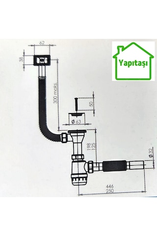 Yapıtaşı YT63 Taslı Dik-Yandan Taşmalı Mutfak Evye sifonu Gri