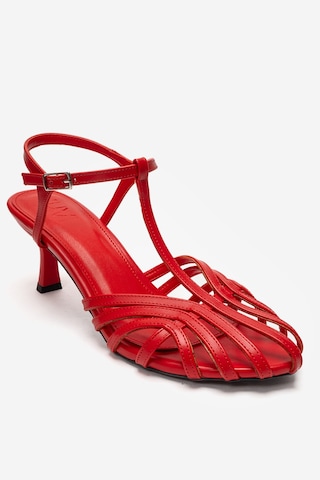 Luvishoes Luvi Shoes Felip Kırmızı Cilt Bantlı Kadın Kısa Topuklu Ayakkabı Kırmızı