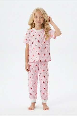 Bunny Hopp Kiraz Desenli Çizgili Kısa Kollu Kız Çocuk Pijama Takımı - %100 Pamuklu Pembe Uyku Seti Pembe - Beyaz