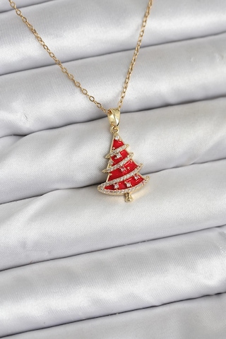 Zarif Boyunlar İçin Golden Çelik Zincir Kırmızı Çam Ağacı Yılbaşı Tema Kadın Kolye Metalik