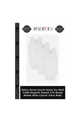 Hadpols Delux Serisi Çocuk Giyim Kız Badi %100 Organik Pamuk 3'lü Beyaz Bebek Atlet Çıtçıtlı Zıbın Body Beyaz-3