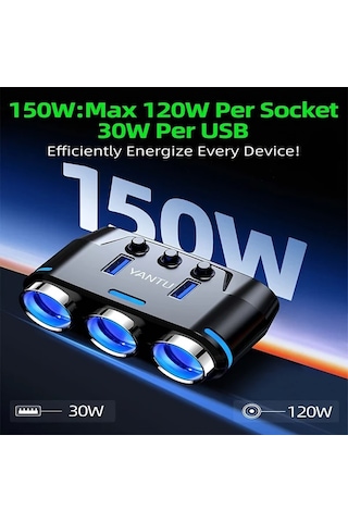 Fochsia Kablolu Siyah Akıllı 3'lü Oto Çakmaklı Usb Şarj Aleti Led Voltaj Göstergeli Araç Şarj Adaptörü