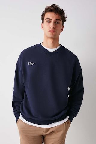 Grimelange Off Erkek Organik Pamuklu Yazı Nakış Detaylı V Yakalı Içi Polarsız Oversize Lacivert Sweatshirt