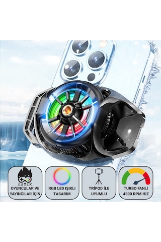 Polham Oyuncular Ve Yayıncılar İçin Telefon Soğutucu Rgb Led Işıklı Tasarım 4500 Rpm Turbo Fan Tripod Uyumlu Sessiz Soğutma