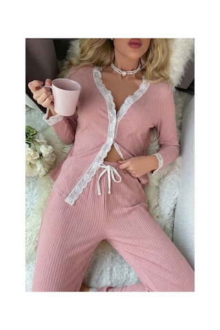 Merry See Ribanalı Dantel Detay İki Parça Pijama Takım Pembe