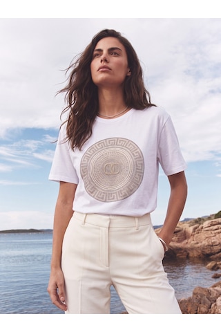 Onloox Kadın Beyaz Beyaz Pamuklu Bisiklet Yaka Basic Form Önü Taş Detaylı Kısa Kollu Penye T-shirt