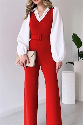 Kadın Kemerli Kol Ve Yaka Detaylı Tulum Dpnbk2063 Kırmızı