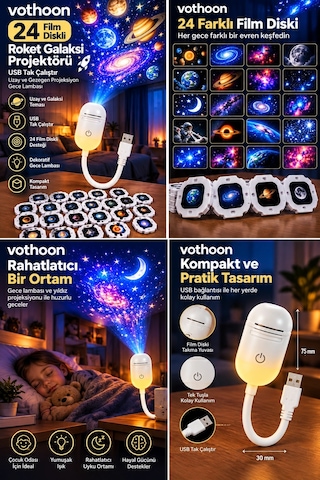 24 Film Diskli Galaksi Uzay Projektörü Usb Tak Çalıştır Çocuk Odası Projeksiyon Gece Lambası Aklby-bsva58