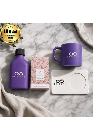 Logonuza Özel 10 Adet Kutulu Ahşap Altlıklı Mor Fincan & Kolonya & & Aromalı Kahve Seti Ahşap Kutulu Kurumsal Hediye Seti