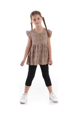 Ahengim Kız Çocuk Takım Vizkon Baskılı Taytlı Alt Üst Takım Pamuklu Ak2522 Bej