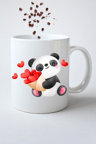 Kalpli Sevimli Panda Baskılı Hediye Kupa Bardak Porselen Çay Kahve Fincanı Beyaz Kalpli Sevimli Panda Baskılı Hediye Kupa Bardak Porselen Çay Kahve Fincanı Beyaz