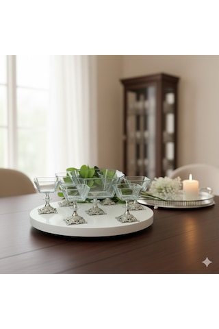 Çnr Home Collection Karen 7 Parça Döküm Ayaklı Sunumluk Seti Magnolia Dondurmalık Jup & Salata Kase Seti Gümüş