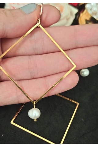 24k Altın Kaplama Gerçek Barok Tarz İnci Kare Tasarım Küpe Beyaz Gold