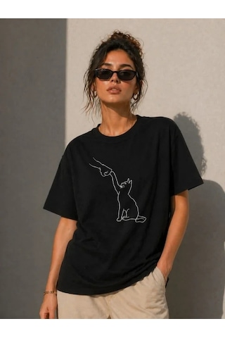 Valensdesign Minimal Kedi Çizim Baskılı Tişört Kısa Kol Yazlık T-shirt - Siyah