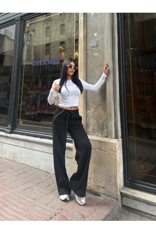 Out Of Standart Kadın Wide-leg Kalıp Beli Lastikli Kordon Detaylı Eşofman Altı Siyah