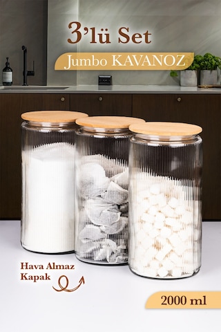 3'lü Cam Kavanoz Seti Bambu Vakum Kapak Mega Boy Çizgili Erzak Un Bakliyat Saklama Kabı 3x2000ml Şeffaf