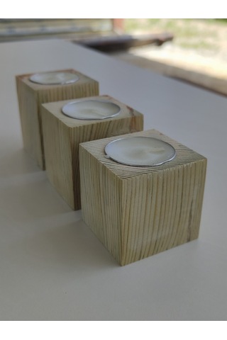Doğal Ahşap Küp Mumluk 5 X 5 Cm 3 Lü Set Mum Dahil