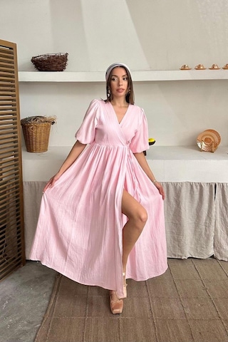 Hazego Pembe Müslin Uzun Elbise Pembe