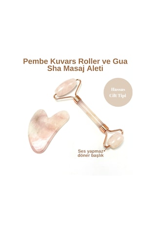 Yıldız Doğal Taş Sertifikalı Pembe Kuvars Roller + Gua Sha Doğal Taş Masaj Aleti
