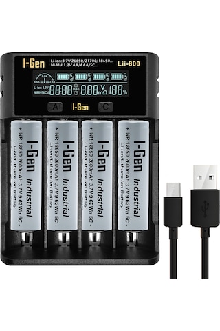 I-gen G426 4'lü 18650 Li-ıon Akıllı Pil Şarj Aleti + 4 Adet 18650 2600mah 5c 3.7v 9.62 Wh Li-ıon Pil Seti