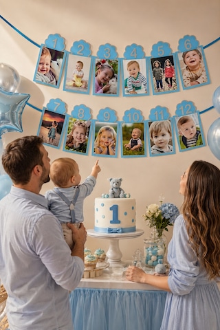 12 Aylık Fotoğraf Çerçevesi Mavi 200x23 Cm 1 Yaş Doğum Günü Parti Süsü Aylık Bebek Fotoğraf Seti Diğer