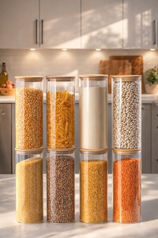 Porsima 4-4 Bambu Borosilikat Vakumlu Kapaklı Yuvarlak Cam 8li Kavanoz Seti Saklama Kabı 2100ml 10x30cm