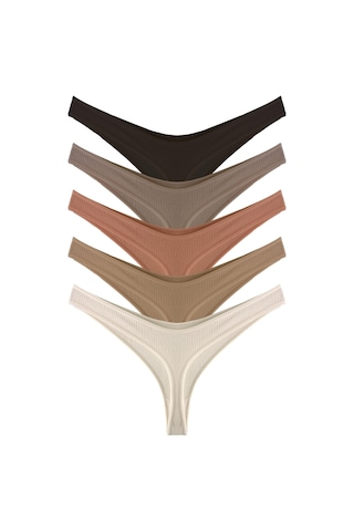 Kadın Pamuklu Ve Likrali Fitilli Kaşkorse Tanga Külot 5'li Paket-2 Renkli-2 Çok Renkli