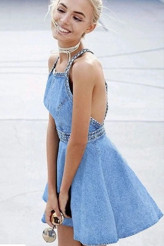 Fashion Cocktail Çift Bel Halat Örgülü Örme İp Çapraz Askılı Eteği Salaş Baharlı Sırt Açık Fermuarlı Kot Denim Elbise Mavi