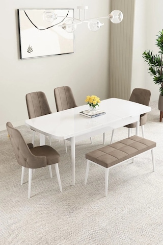 Clara Beyaz 80x132 Açılabilir Mdf Masa Yemek Odası Takımı,mutfak Takımı 4 Sandalye 1 Bench Cappuccino