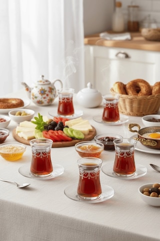 Coronam Model Desenli Şeffaf Cam Çay Seti 12 Parça Çay Takımı Şeffaf