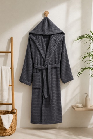 Pamuklu Kapüşonlu Banyo Bornozu Yumuşak Doku Çeyiz Cepli Kemerli Unisex Antrasit
