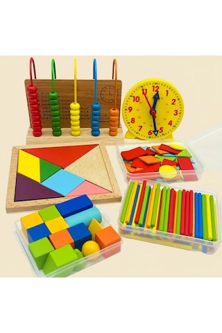 Willowhaven Ahşap Eğitici Oyuncak 6 Parça Matematik Saati Tangram Puzzle Yapı Blokları