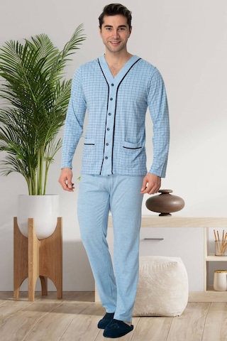 Mecit Pijama Mecit 22767 Mavi Önden Düğmeli Büyük Beden Erkek Pijama Takımı Mavi