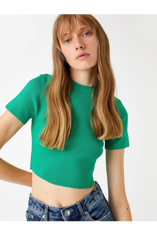 Koton Crop Triko Kazak Kısa Kollu Yeşil 3wak90200ht Yeşil
