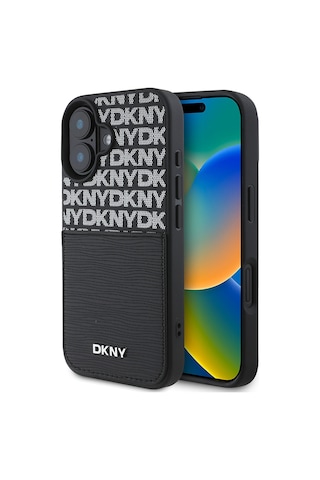 Apple Uyumlu iPhone 16 Kılıf Dkny Lisanslı Kartlıklı 3d Yazılı Repeat Texture Pattern Kapak Siyah